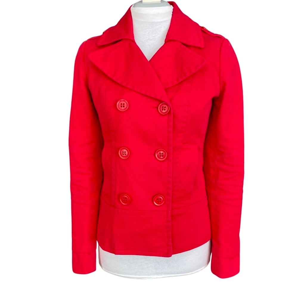 Double breasted red lined short peacoat jacket with pockets. Women’s size XS